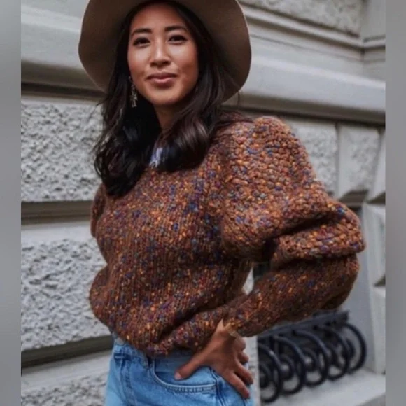 *SOLD* Zara Knit Multicolor Balloon Sleeve Sweater Brown - Picture 2 of 15